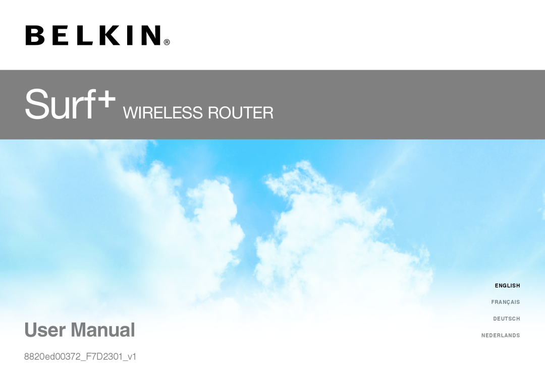 Belkin 8820ED00372_F7D2301_V1 user manual Surf+ Wireless Router, 8820ed00372F7D2301v1, English 